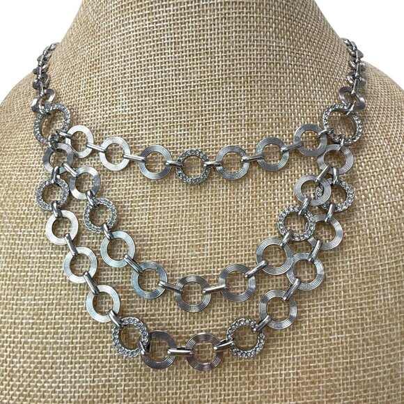 Loft Three-Layer Silver-Tone Necklace With Circular Links & Rhinestone Accents - Picture 1 of 12